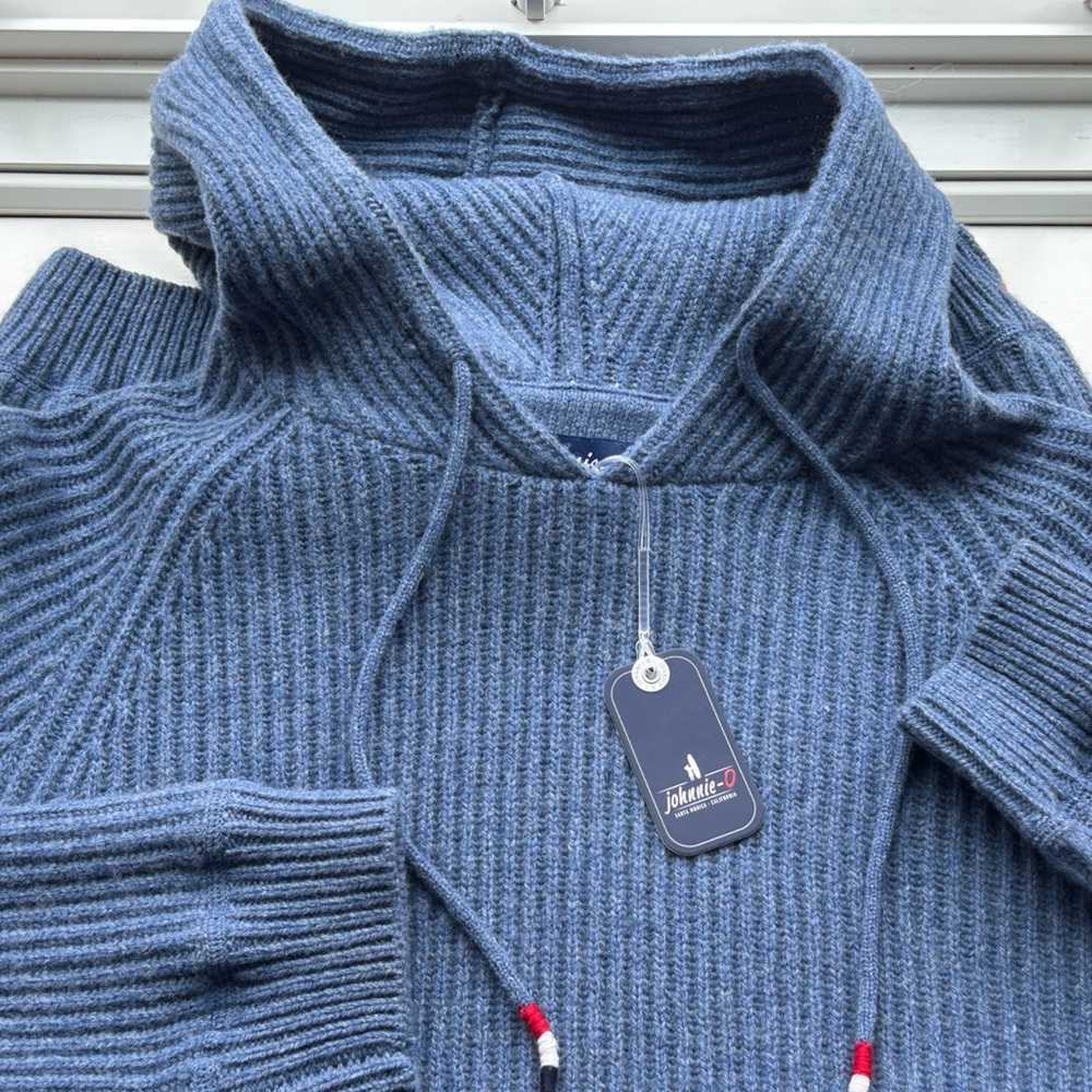 johnnie-O Blue Hoodie Sweater with Ribbed Texture